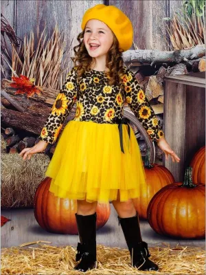 Girls Sunflower Animal Print Long Sleeve Tutu Skirt Dress with Bow