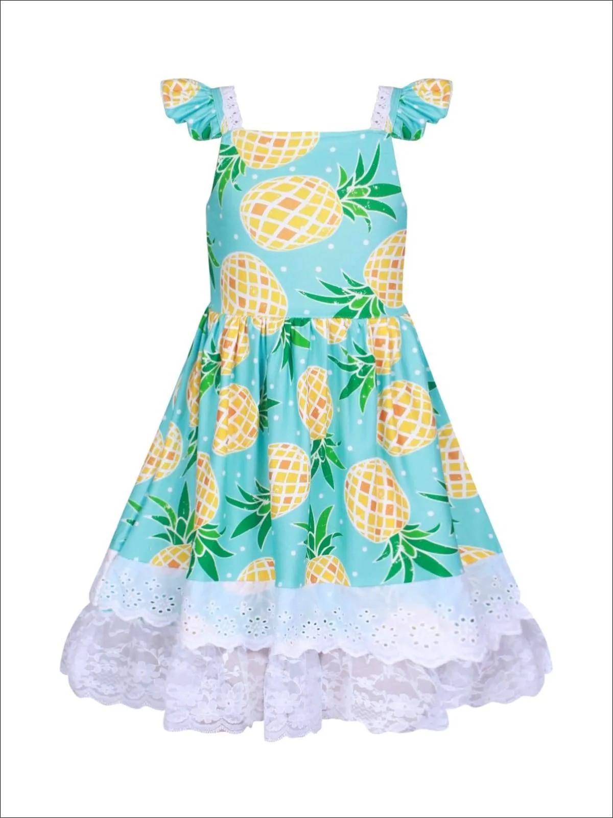 Girls Teal Pineapple Print A-Line Flutter Sleeve Tiered Ruffled Lace Hem Dress