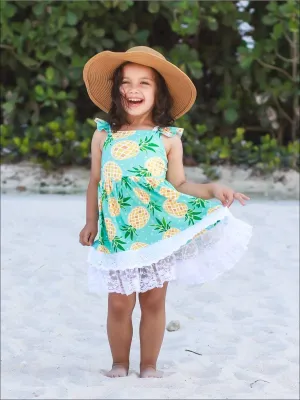 Girls Teal Pineapple Print A-Line Flutter Sleeve Tiered Ruffled Lace Hem Dress