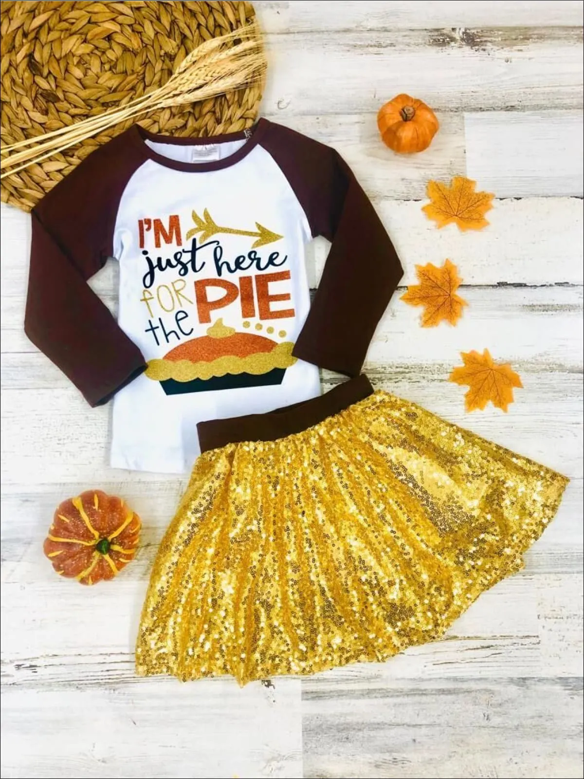 Girls Thanksgiving Themed "I'm Just Here for the Pie" Long Sleeve Raglan Top And Sequin Skirt Set