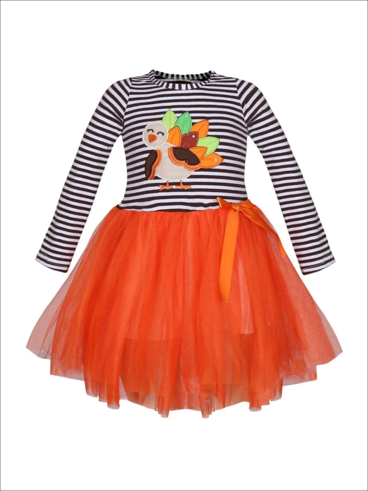 Girls Thanksgiving Themed Striped Long Sleeve Tutu Dress with Turkey Applique