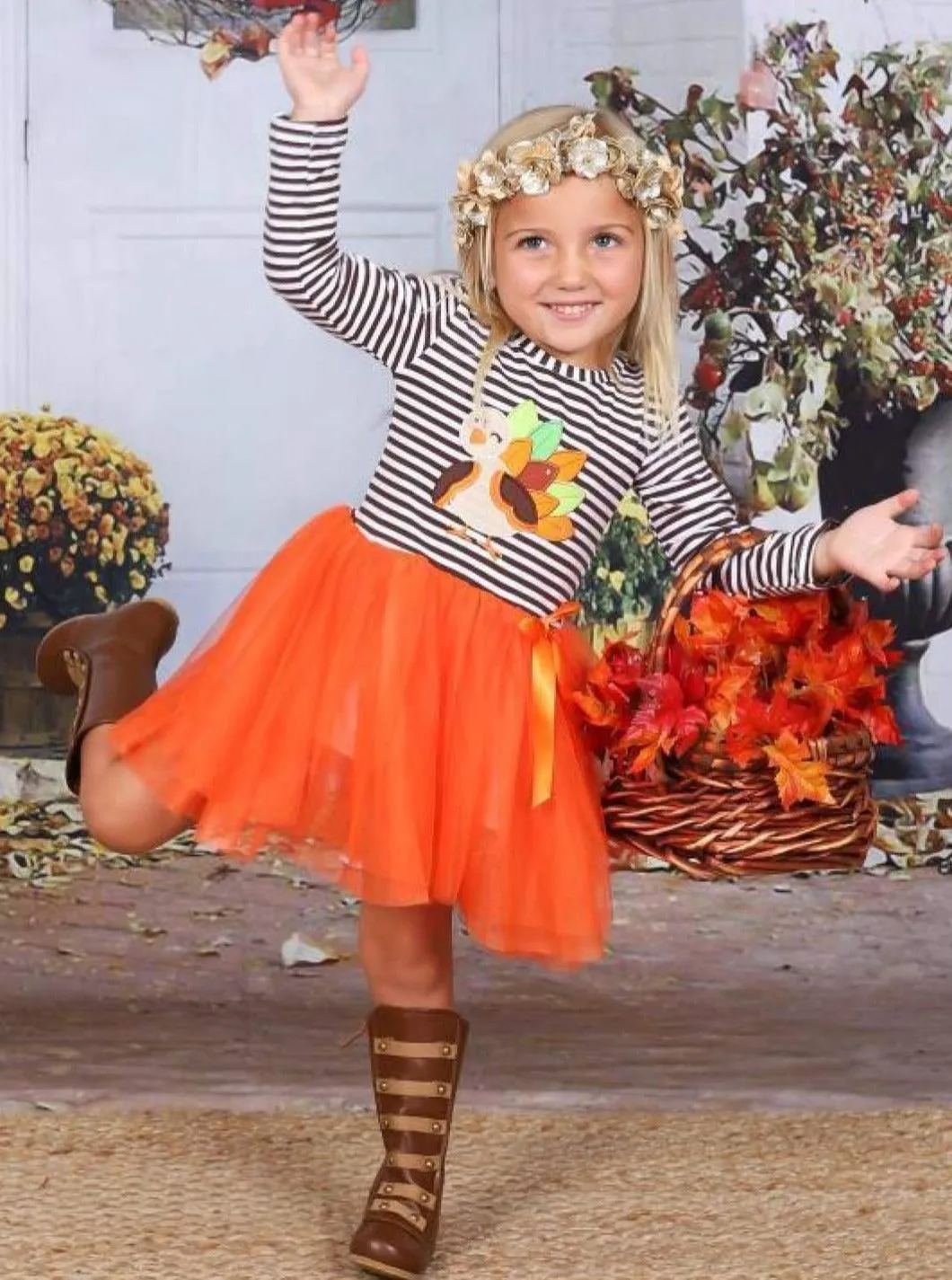 Girls Thanksgiving Themed Striped Long Sleeve Tutu Dress with Turkey Applique