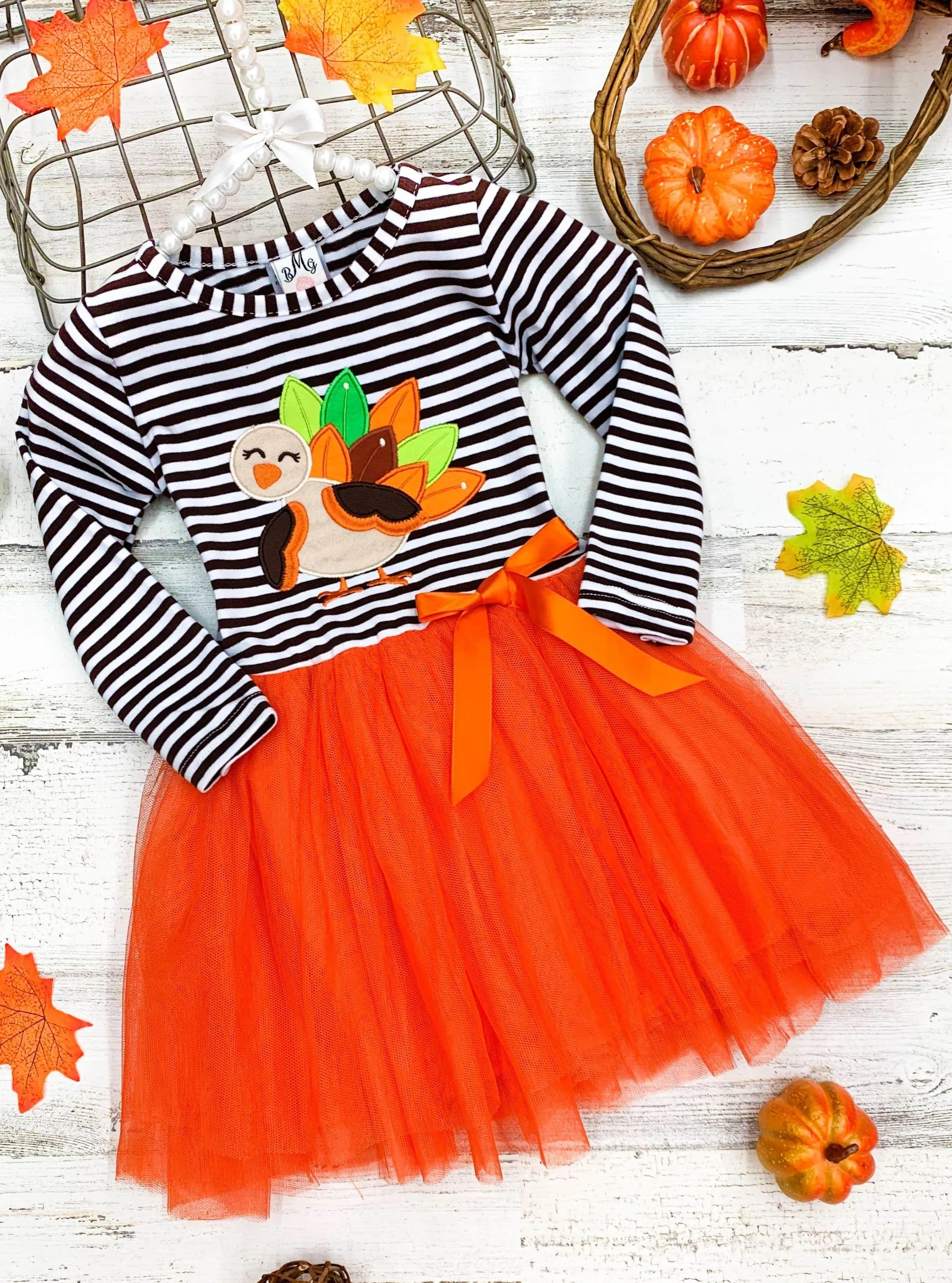 Girls Thanksgiving Themed Striped Long Sleeve Tutu Dress with Turkey Applique