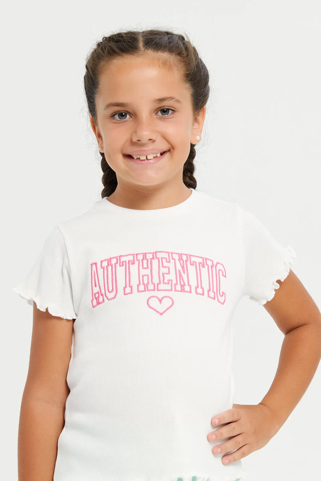 Girls White Authentic Embroidered T-Shirt