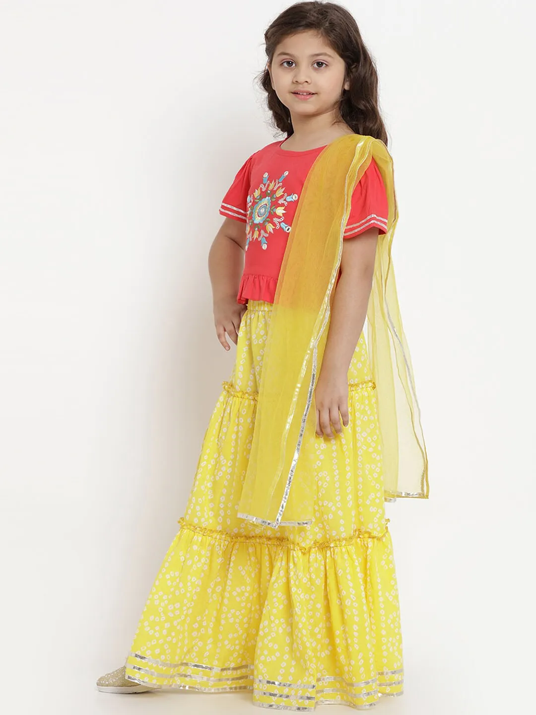 Girl's Yellow & Orange Solid Lehenga & Blouse Set with Dupatta  - NOZ2TOZ KIDS