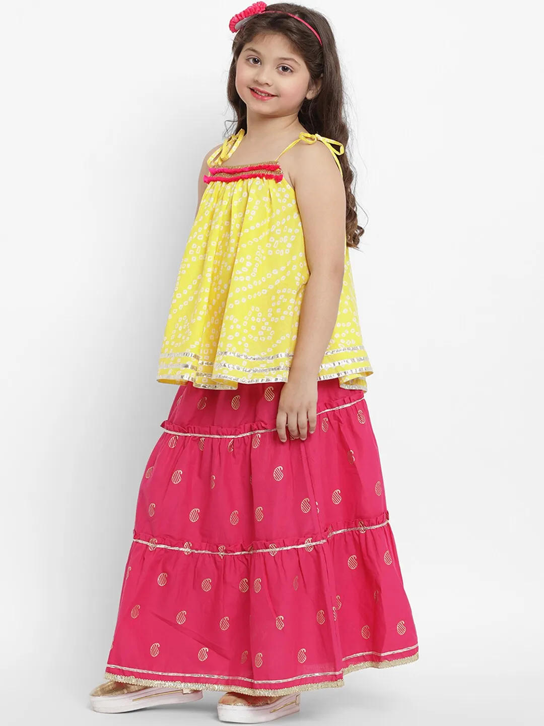 Girl's Yellow & Pink Lehenga & Blouse Set  - NOZ2TOZ KIDS