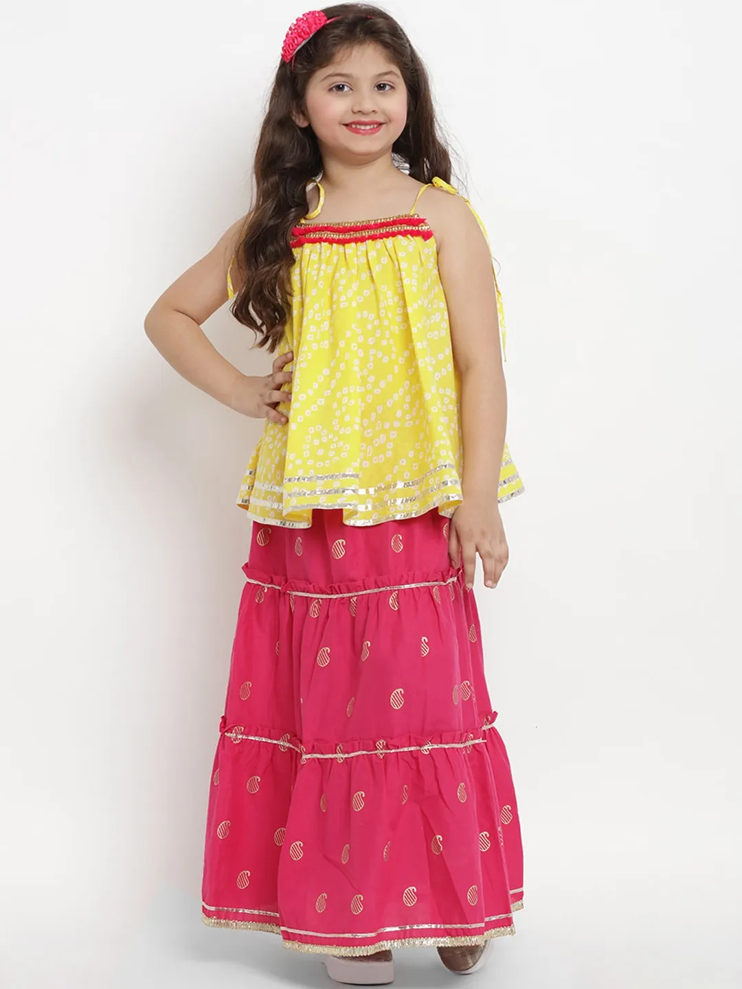 Girl's Yellow & Pink Lehenga & Blouse Set  - NOZ2TOZ KIDS