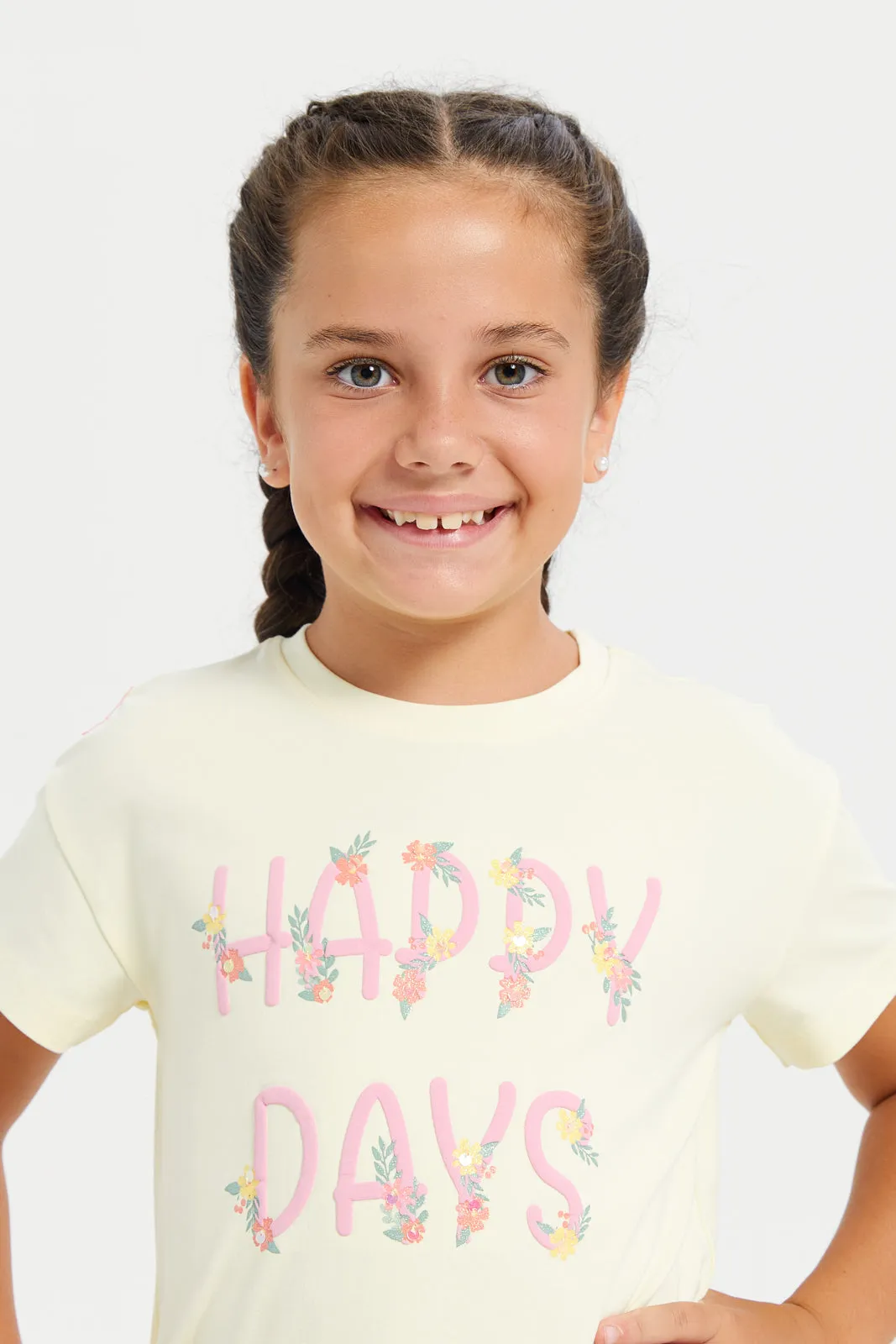 Girls Yellow Printed T-Shirt