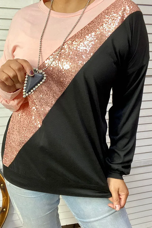 GJQ13519S Pink & Sequin & Black colorblock long sleeve top