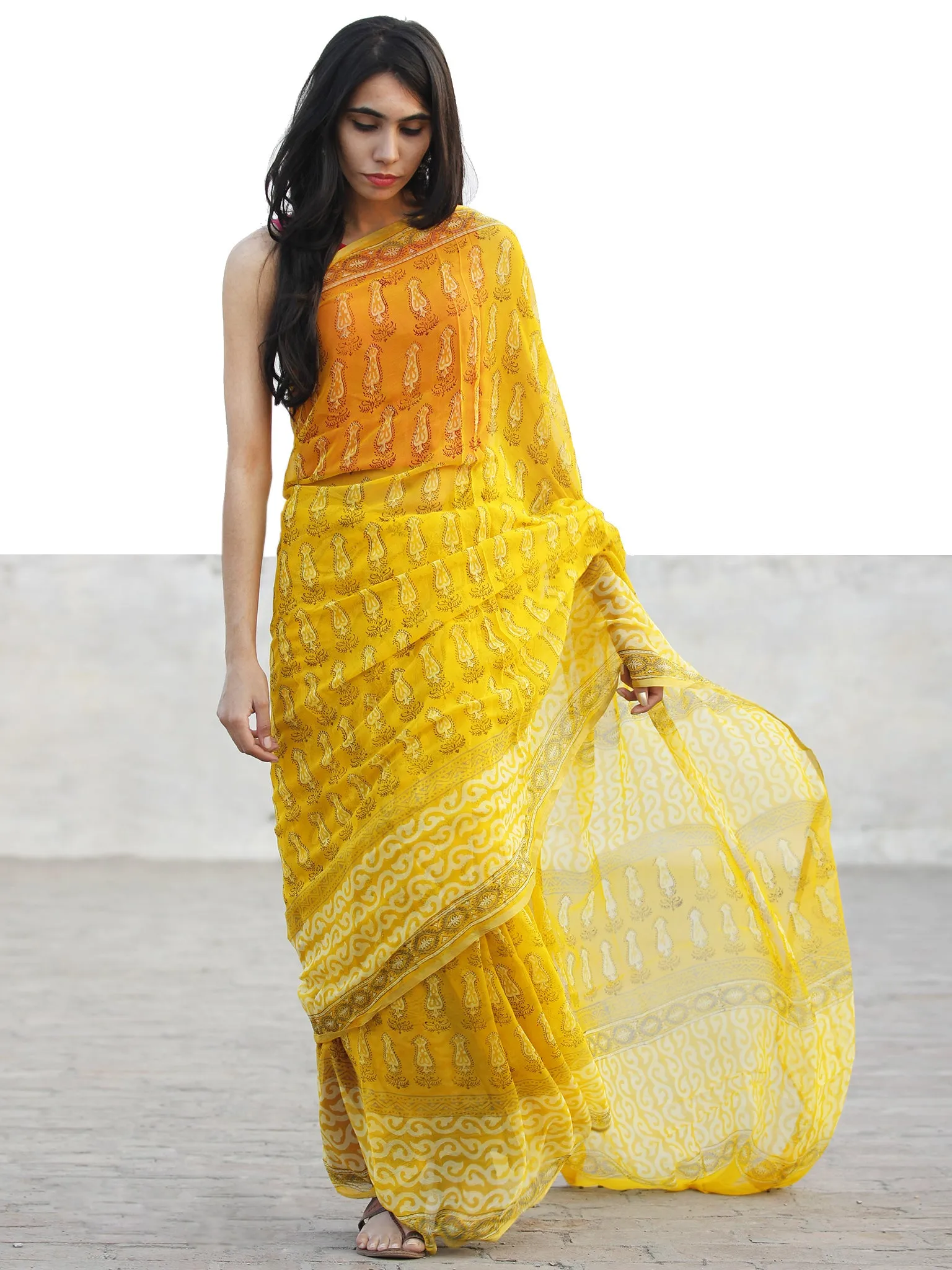 Golden Yellow Hand Block Printed Chiffon Saree with Zari border- S031702728