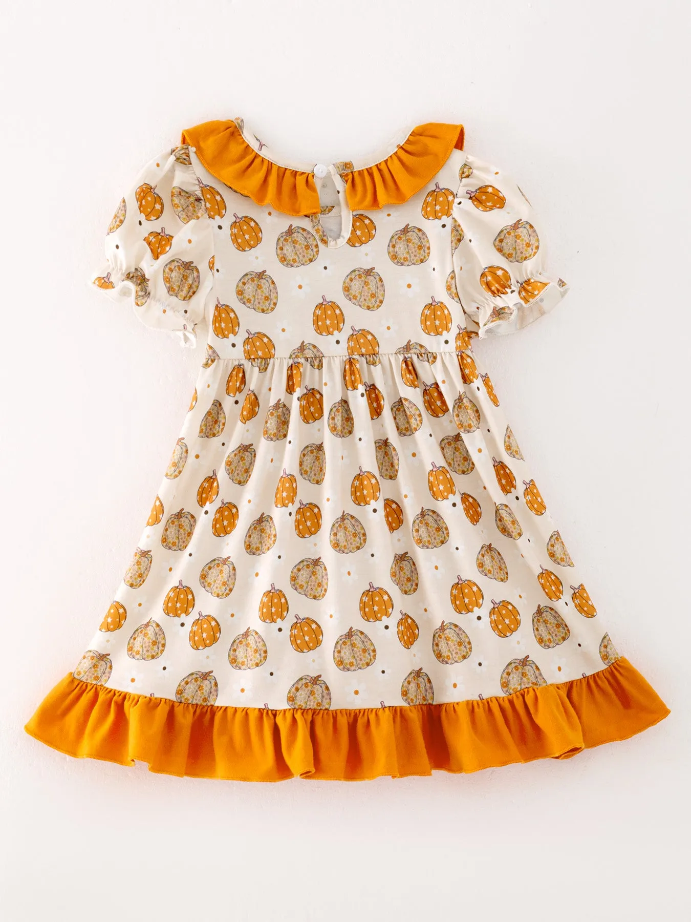 Halloween Girls Smocking Pumpkin Embroidery Ruffle Dress