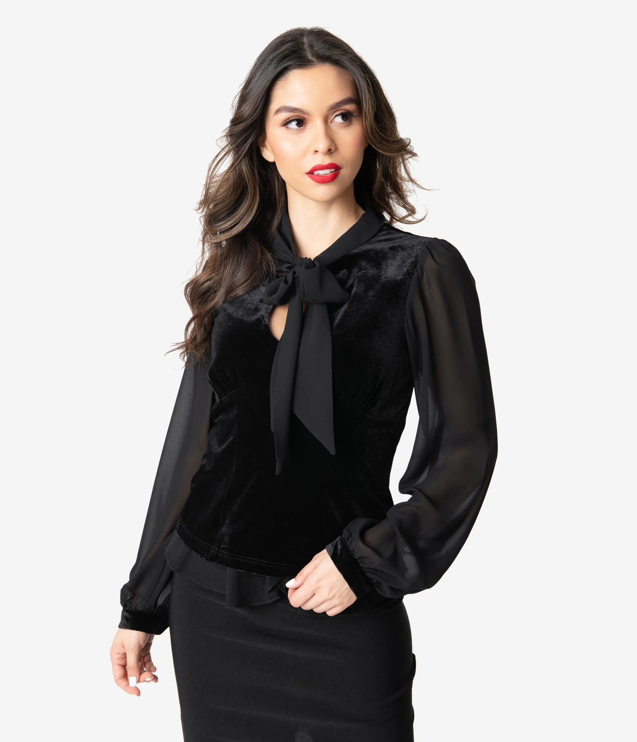 Hell Bunny 1950s Black Velvet & Chiffon Long Sleeve Gabriella Blouse