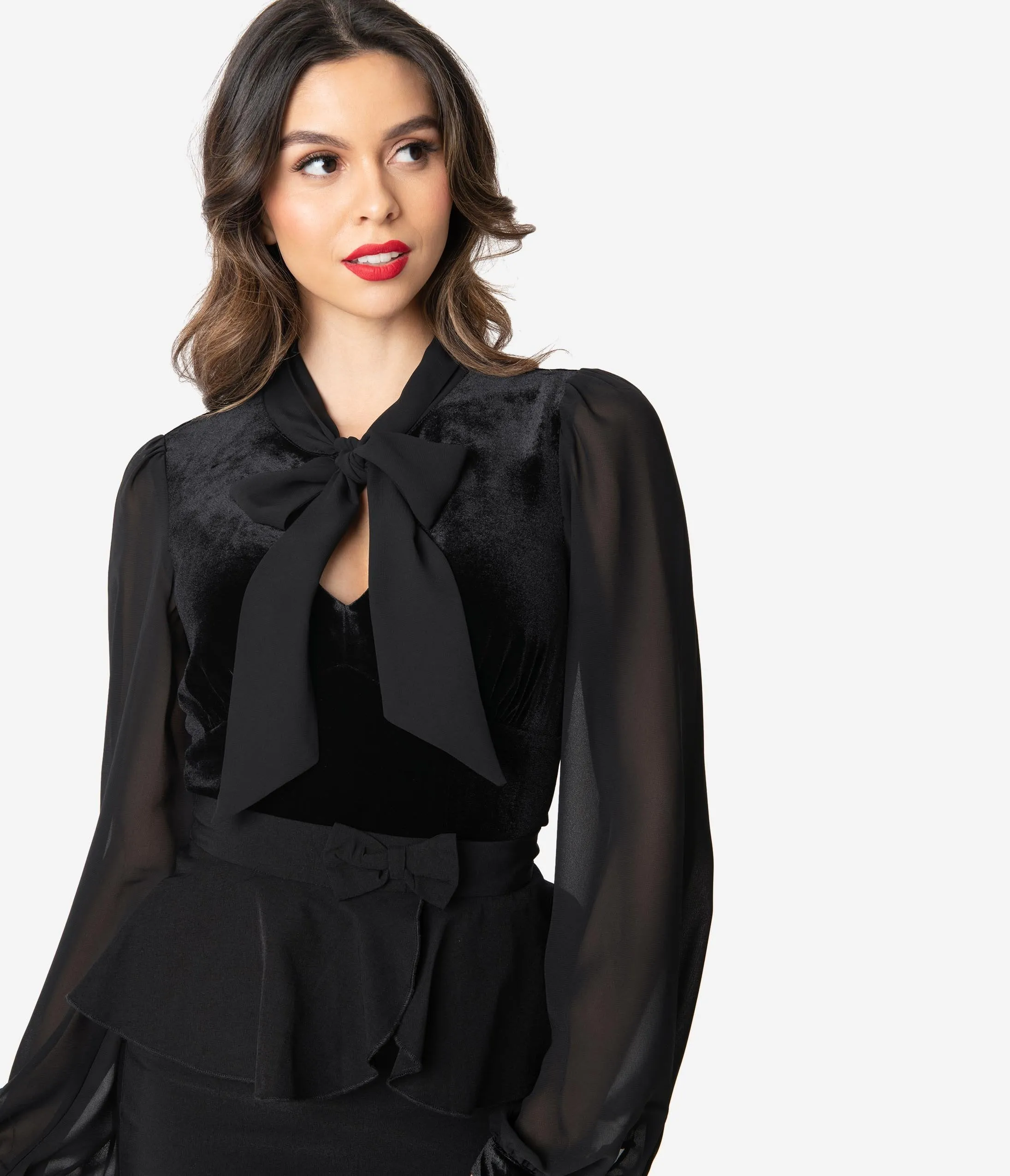 Hell Bunny 1950s Black Velvet & Chiffon Long Sleeve Gabriella Blouse