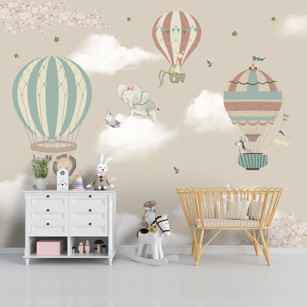 Hot Air Balloons with Animals Wallpaper for Kids Room Walls, Kids Wall Designs