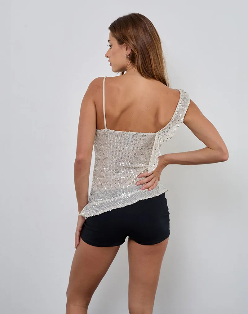 Iranila Asymmetrical Sequined Top in Neutral Gauze