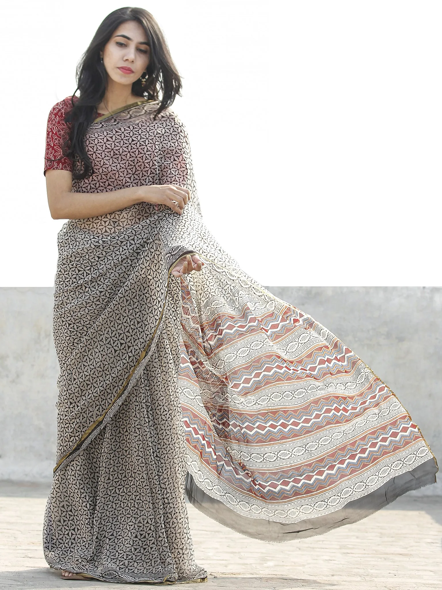 Ivory Black Hand Block Printed Chiffon Saree with zari border- S031702662