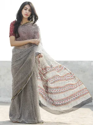 Ivory Black Hand Block Printed Chiffon Saree with zari border- S031702662