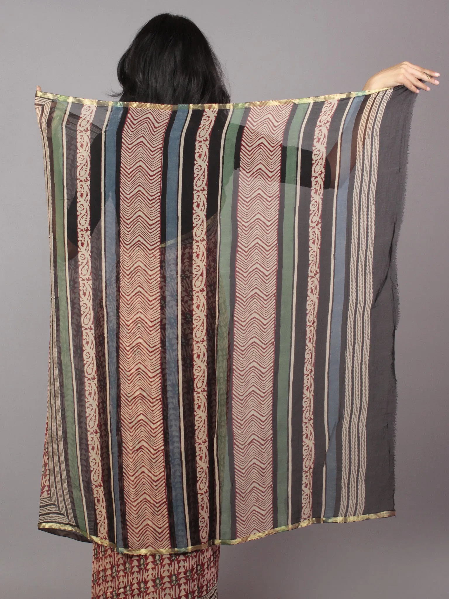 Ivory Maroon Green Hand Block Printed Chiffon Saree - S031701701