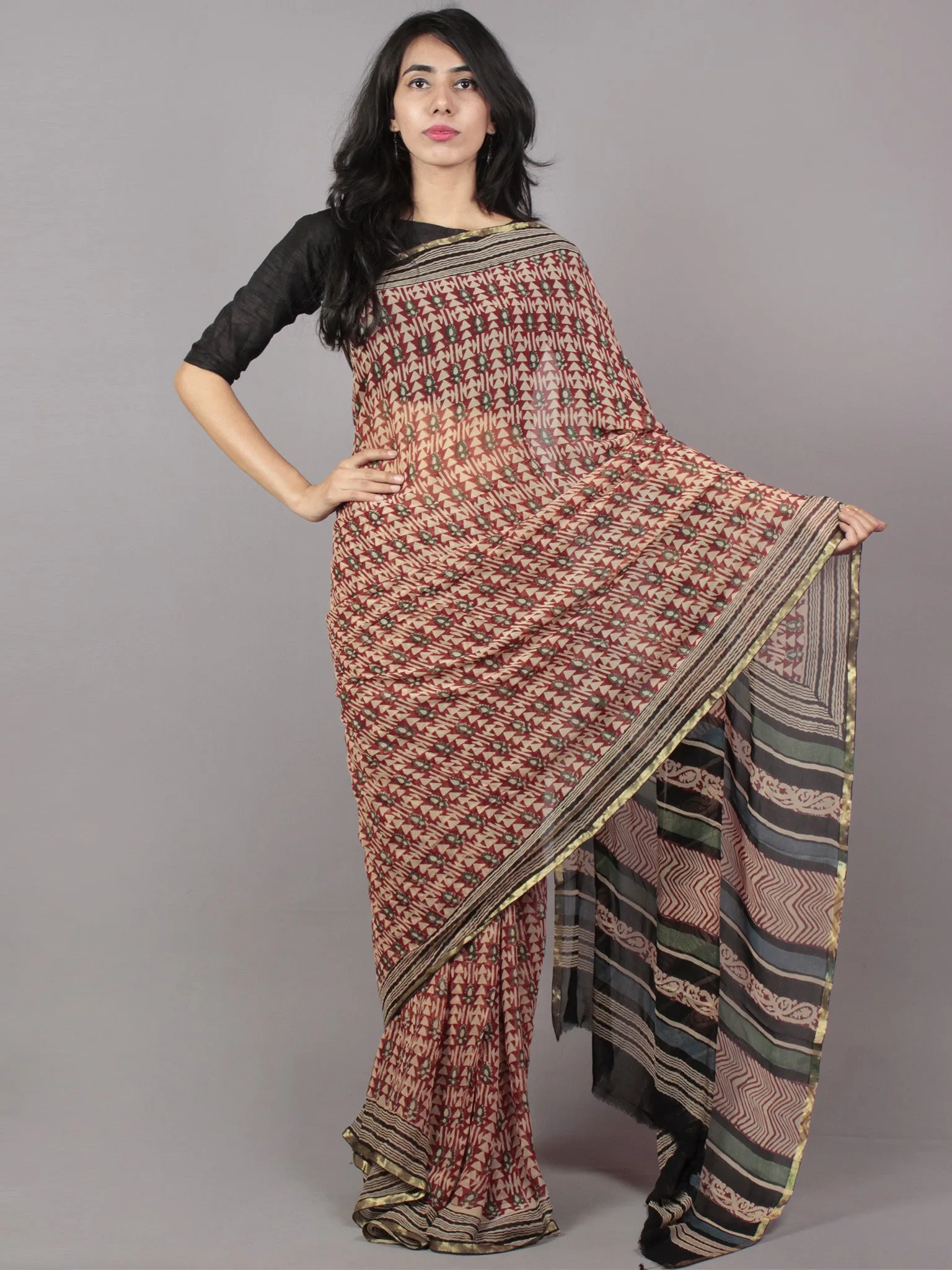 Ivory Maroon Green Hand Block Printed Chiffon Saree - S031701701