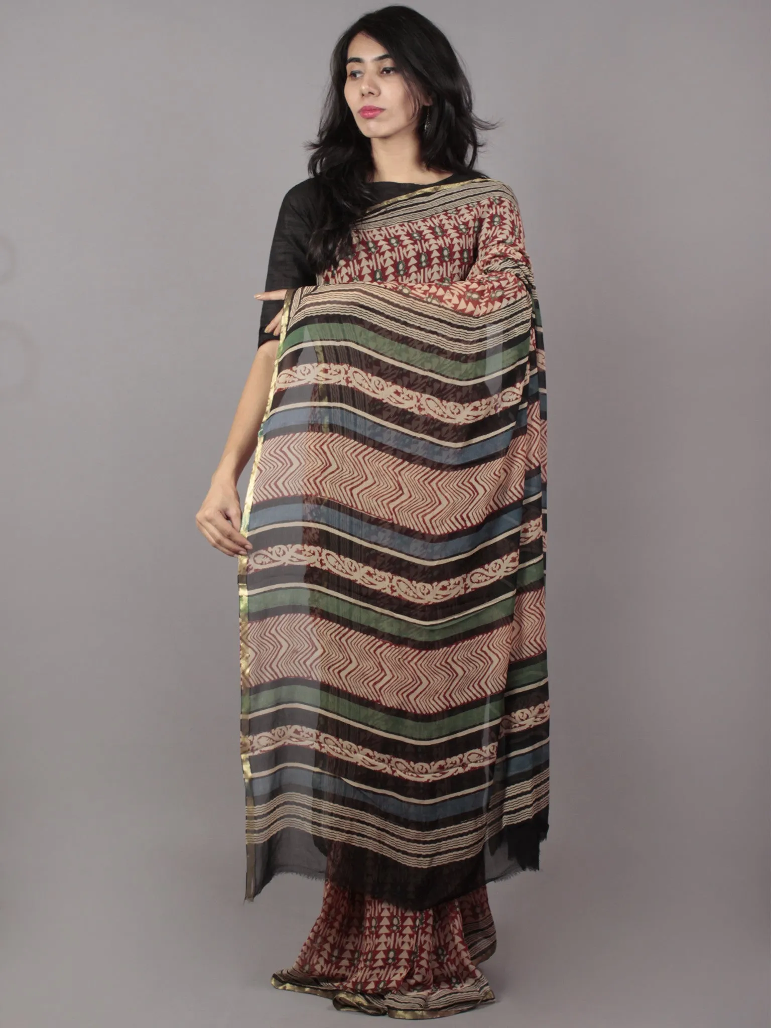 Ivory Maroon Green Hand Block Printed Chiffon Saree - S031701701