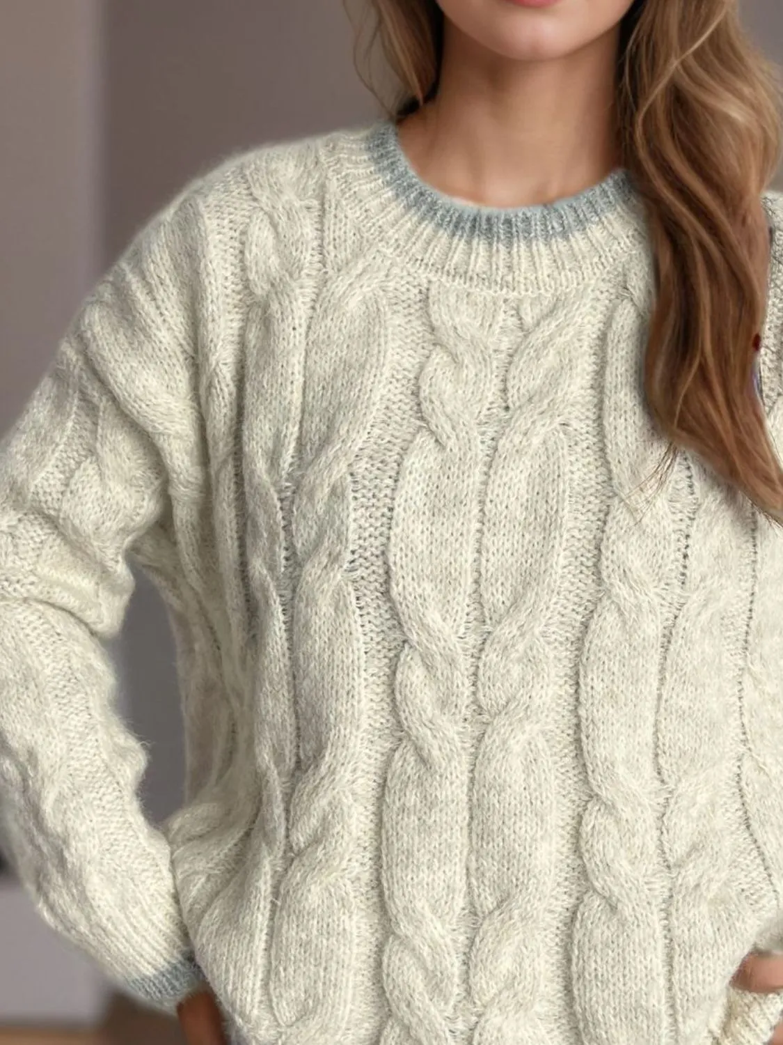 kesley Cable Knit Round Neck Long Sleeve Sweater