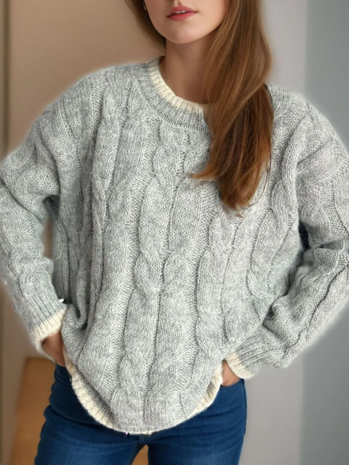 kesley Cable Knit Round Neck Long Sleeve Sweater