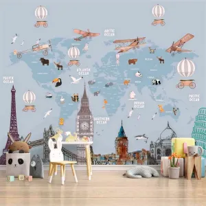 Kids World Map with Monuments, Customised Wallpaper