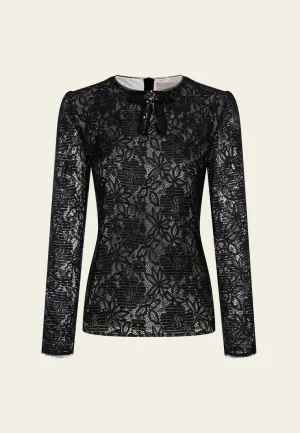 Lace-on-mesh Lurex-detail Crystal-embellished Bow-detail Shirt