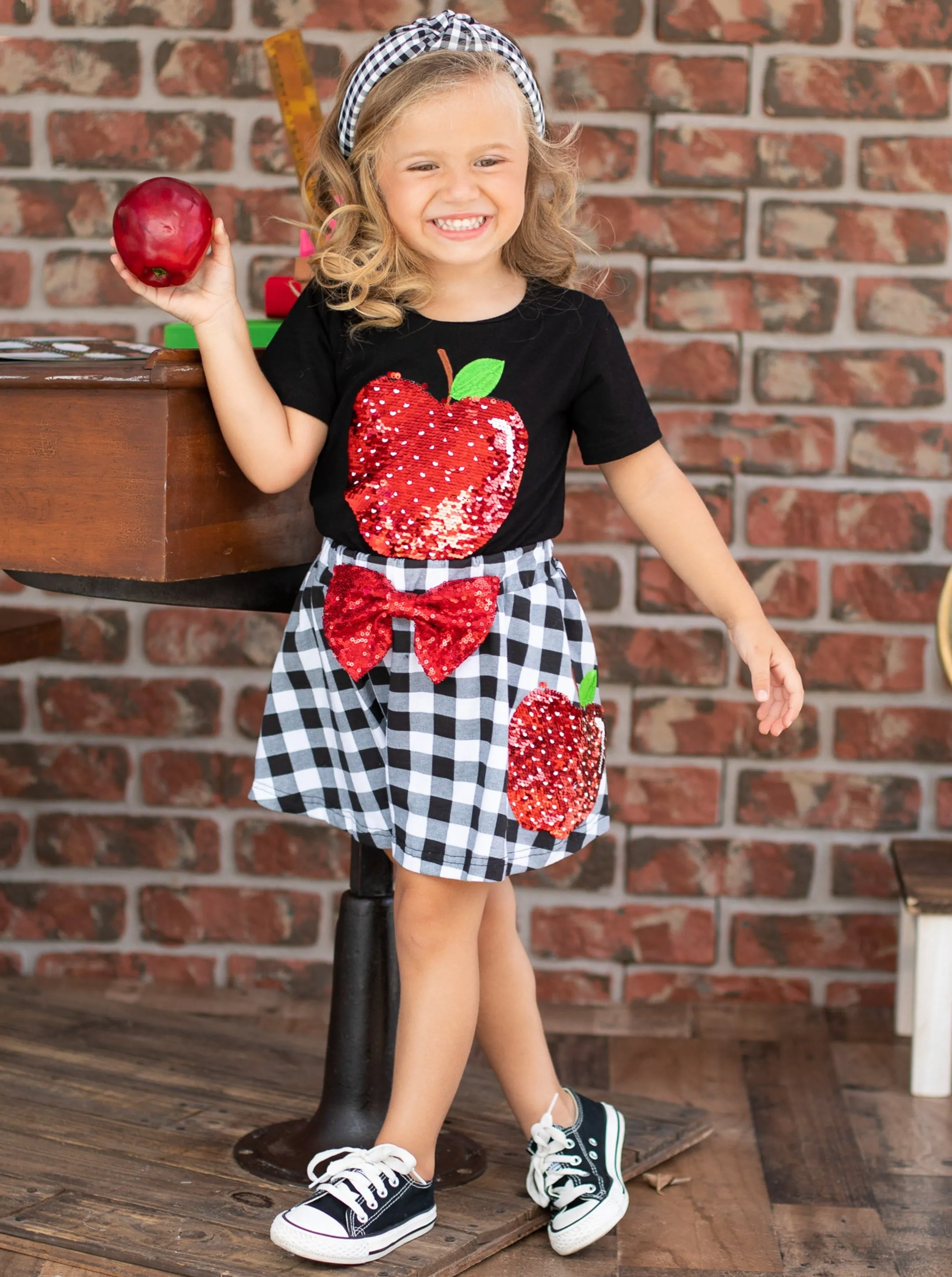 Like Them Apples Reversible Sequin Top and Plaid Skirt Set