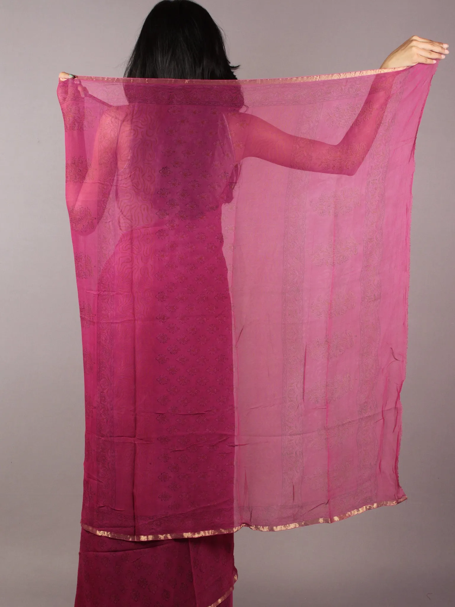 Magenta Black Hand Block Printed Chiffon Saree - S031701834