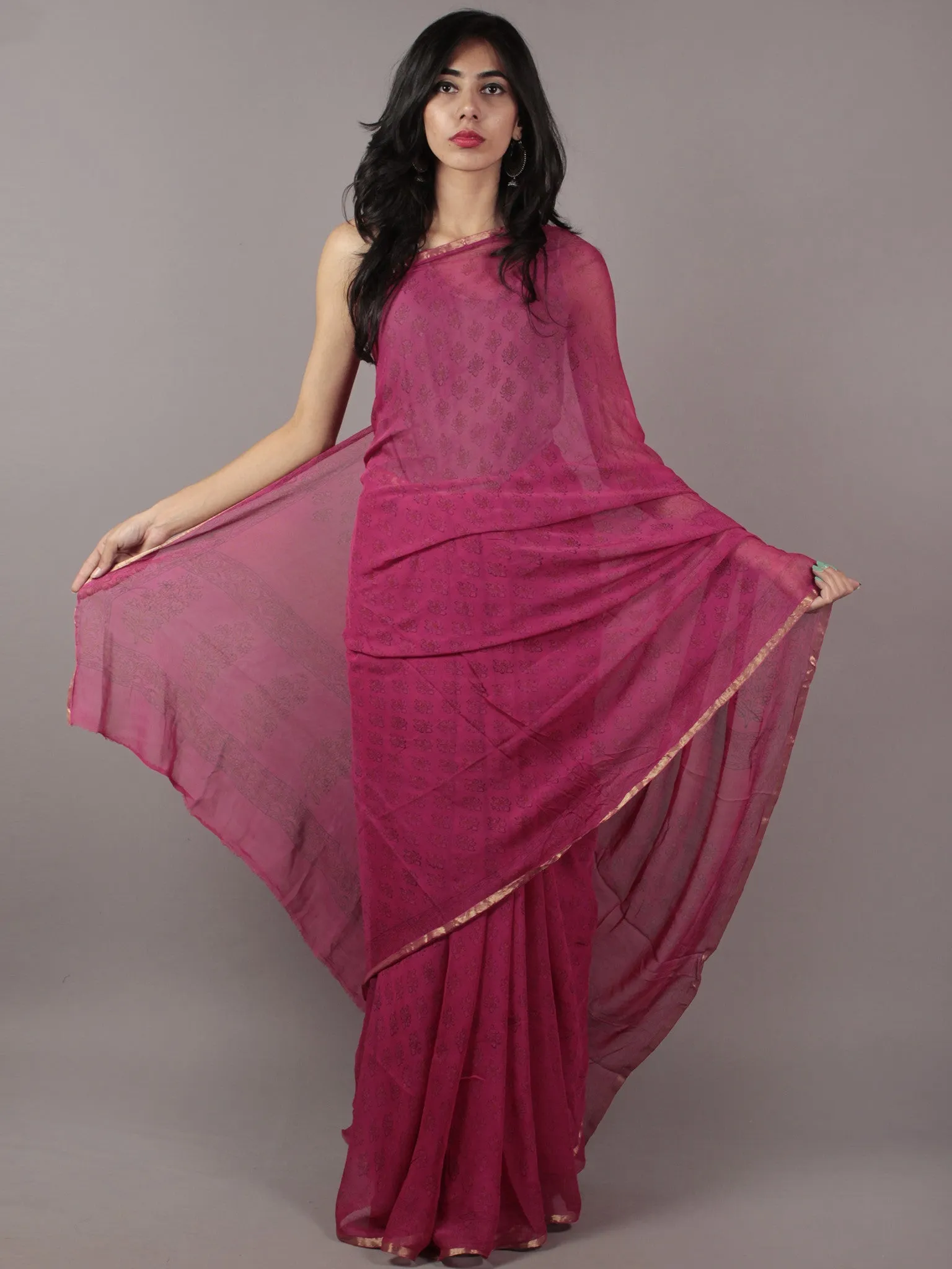 Magenta Black Hand Block Printed Chiffon Saree - S031701834