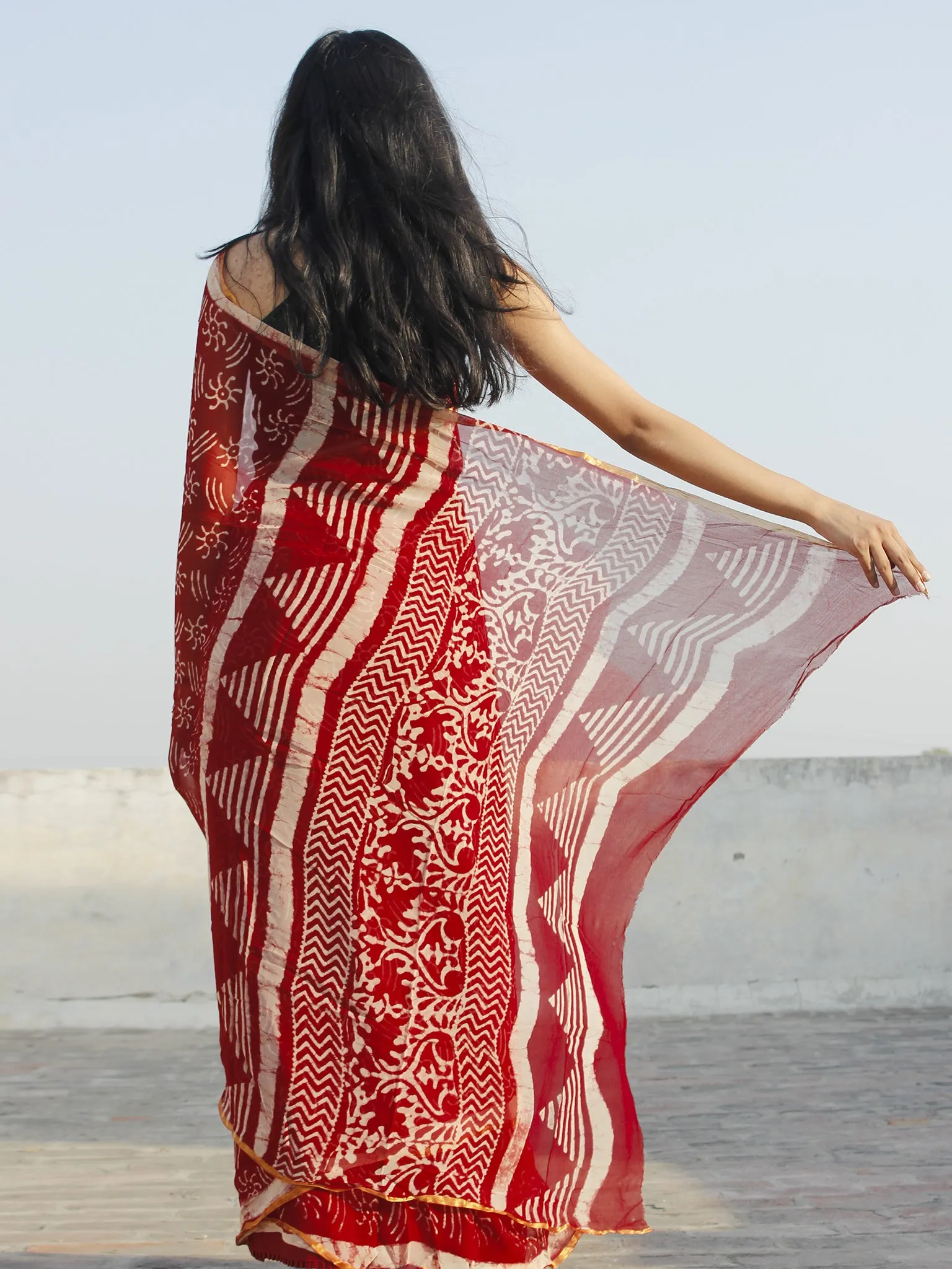 Maroon Ivory Hand Block Printed Chiffon Saree - S031702335