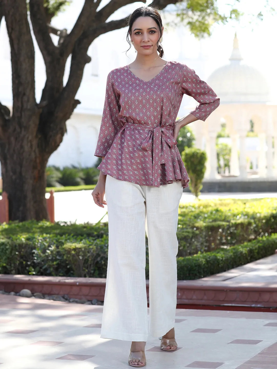 Mauve Ethnic Motif Printed Peplum Top With Belt