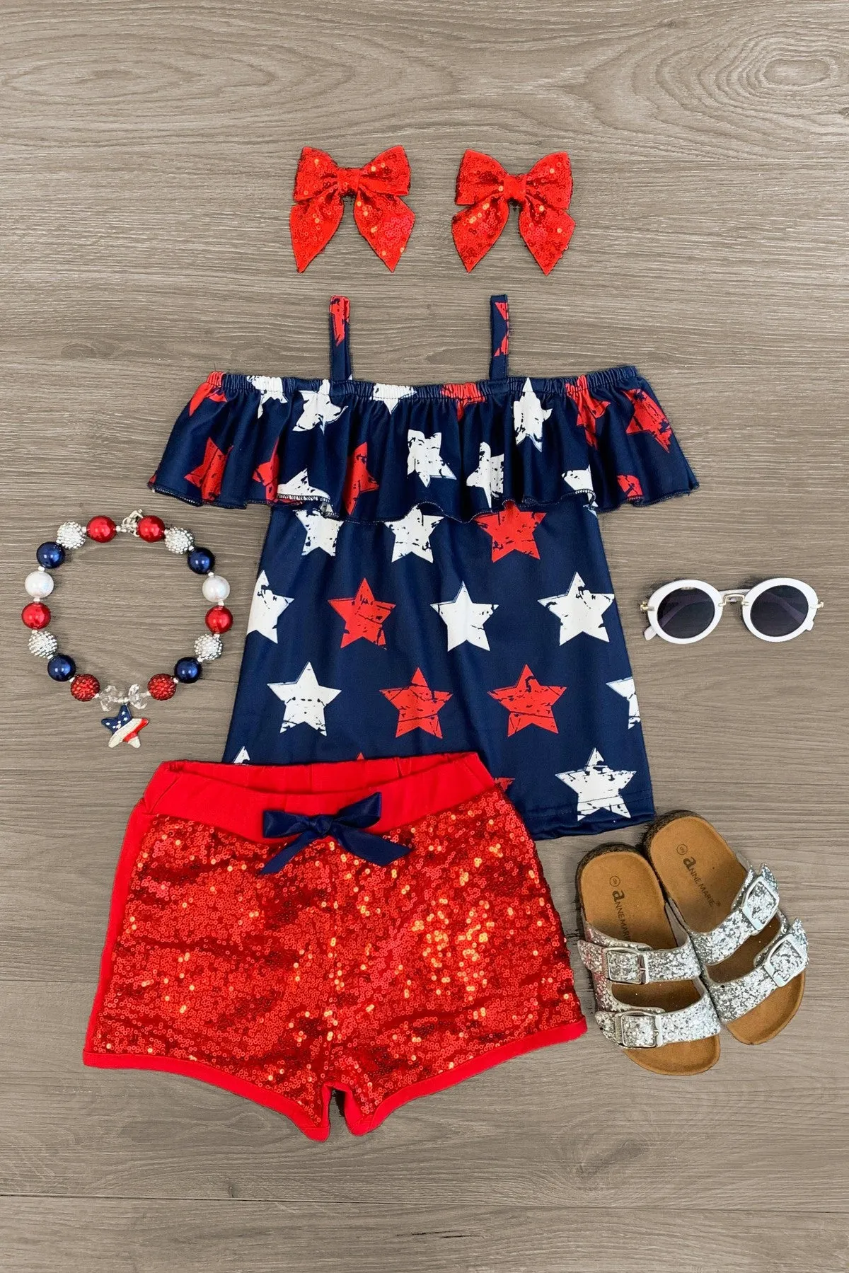 Navy & Red Stars Sequin Short Set