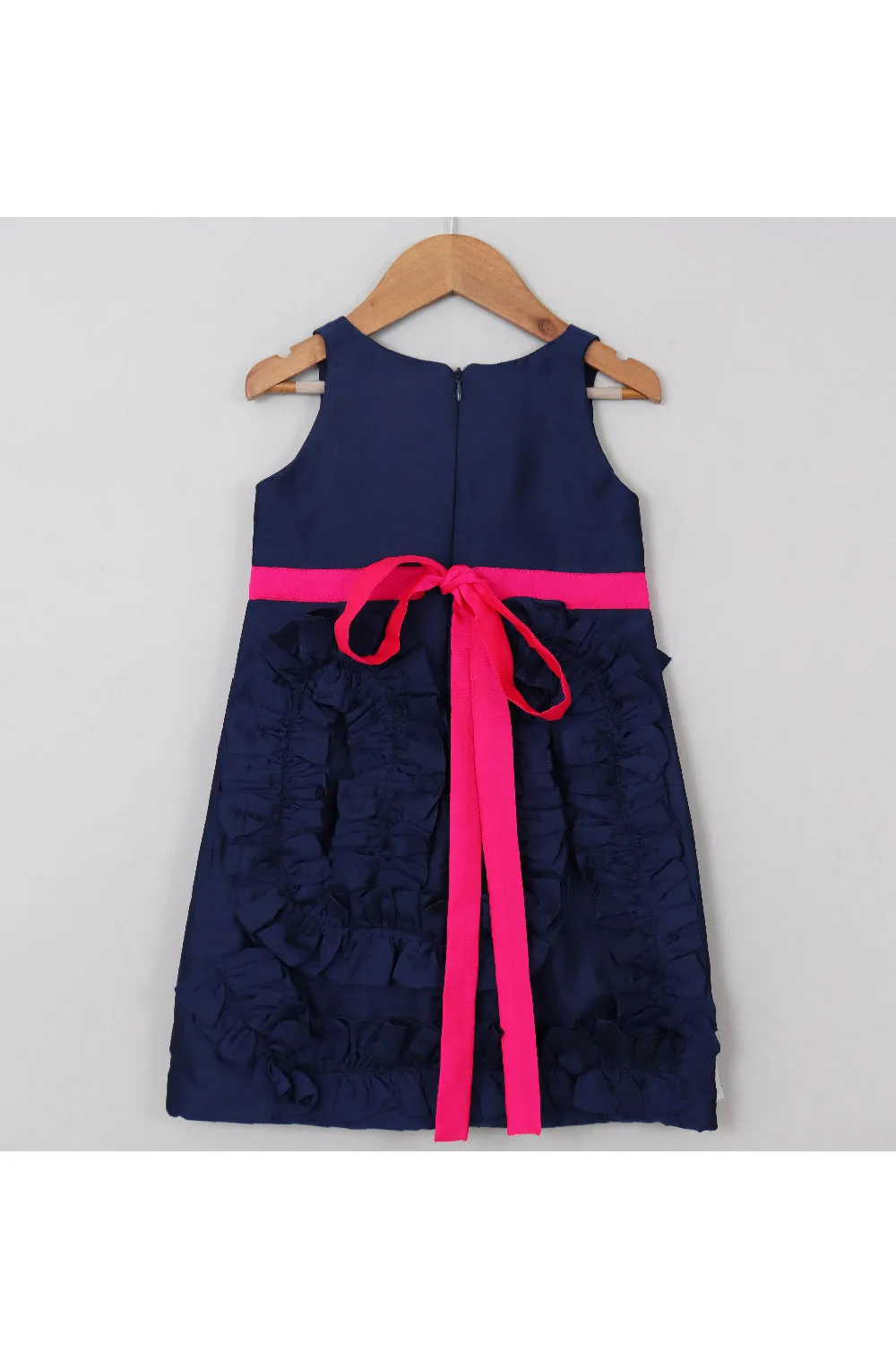 Navy Blue Frill Sleeveless Silk Dress