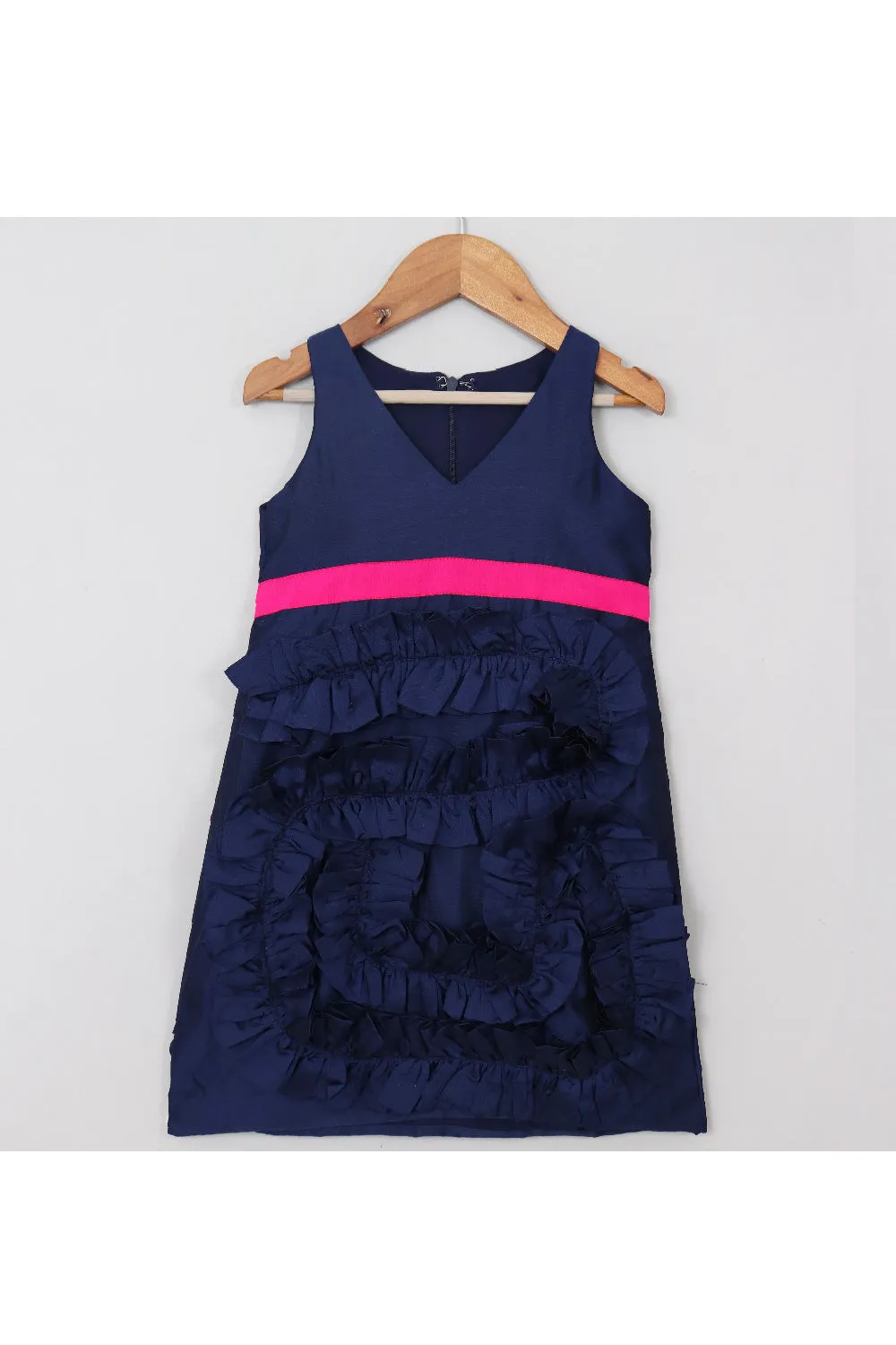 Navy Blue Frill Sleeveless Silk Dress