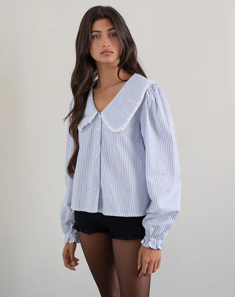 Nelcy Oversized Collared Shirt in Small Vertical Stripe Blue