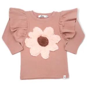 oh baby! Fuzzy Daisy Flower Butterfly Sleeve Long Sleeve Tee - Misty Rose