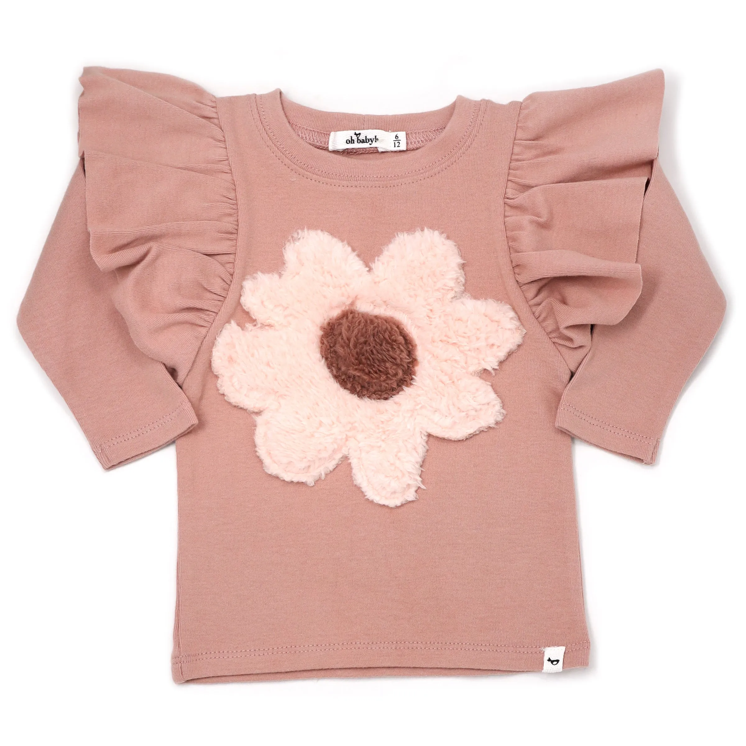 oh baby! Fuzzy Daisy Flower Butterfly Sleeve Long Sleeve Tee - Misty Rose