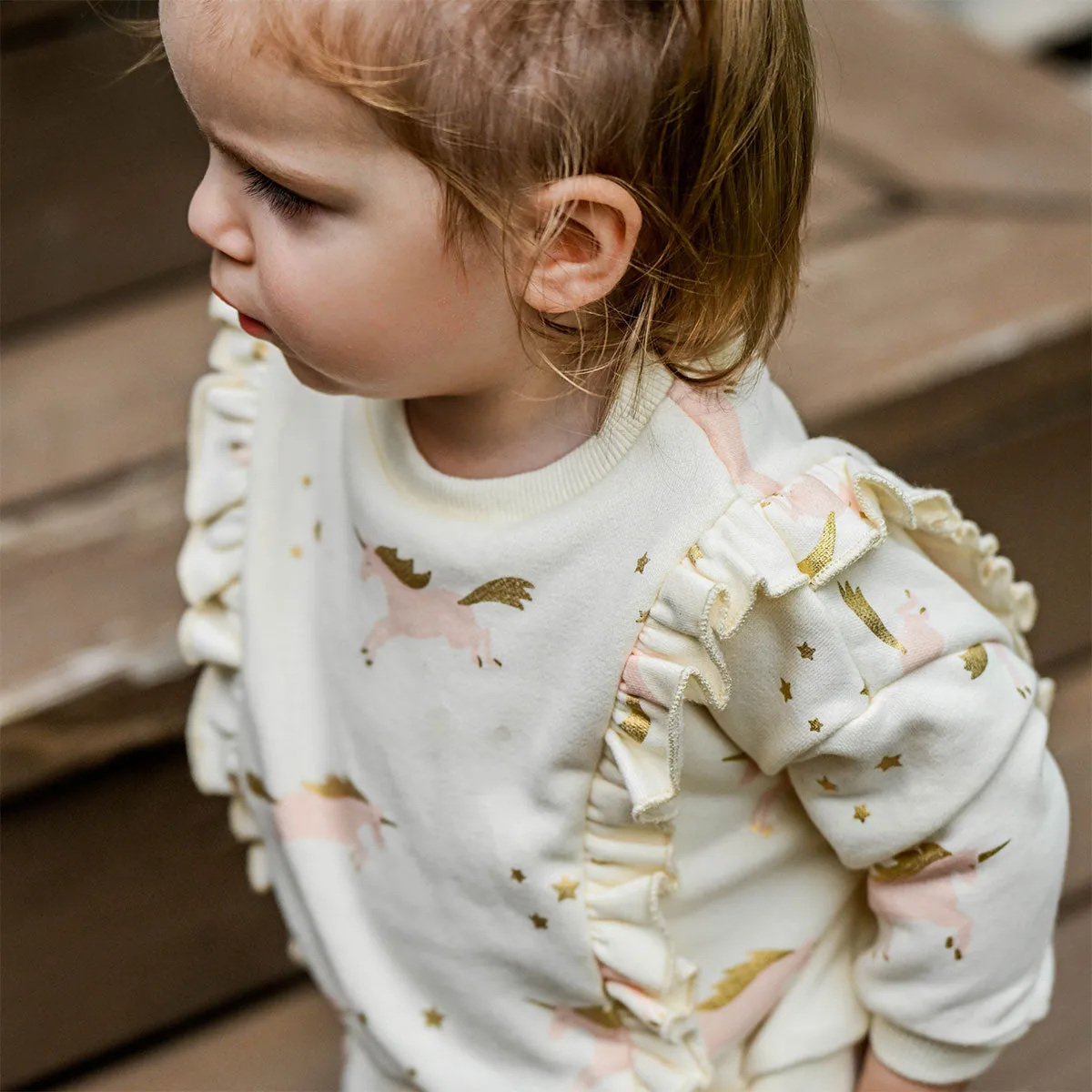 oh baby! Millie Ruffle Boxy Sweatshirt - Unicorn Print - Vanilla