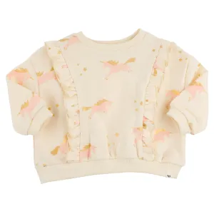 oh baby! Millie Ruffle Boxy Sweatshirt - Unicorn Print - Vanilla