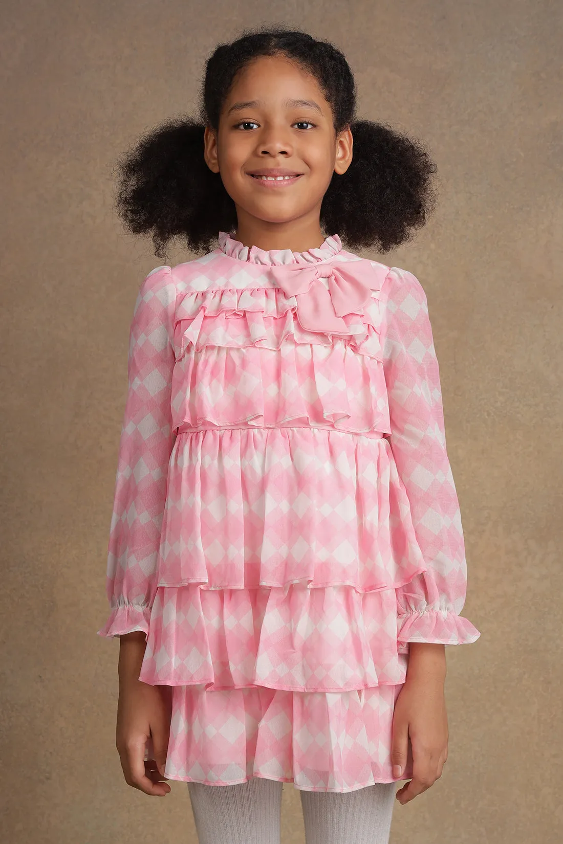 One Friday Kids Girls Pink & White Checkered Frill Dress