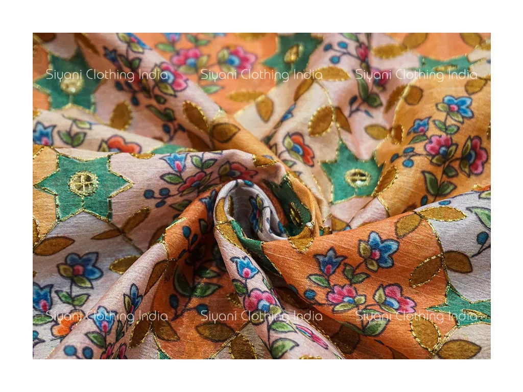 Orange Multicolor Floral Embroidered Silk Fabric