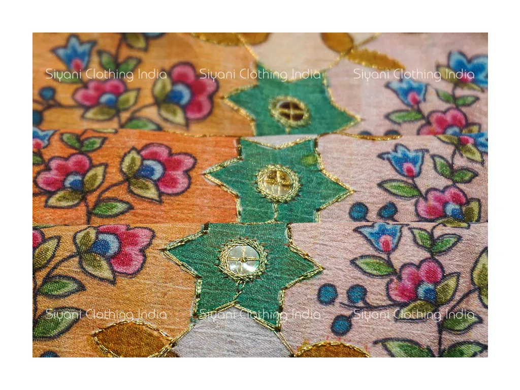 Orange Multicolor Floral Embroidered Silk Fabric