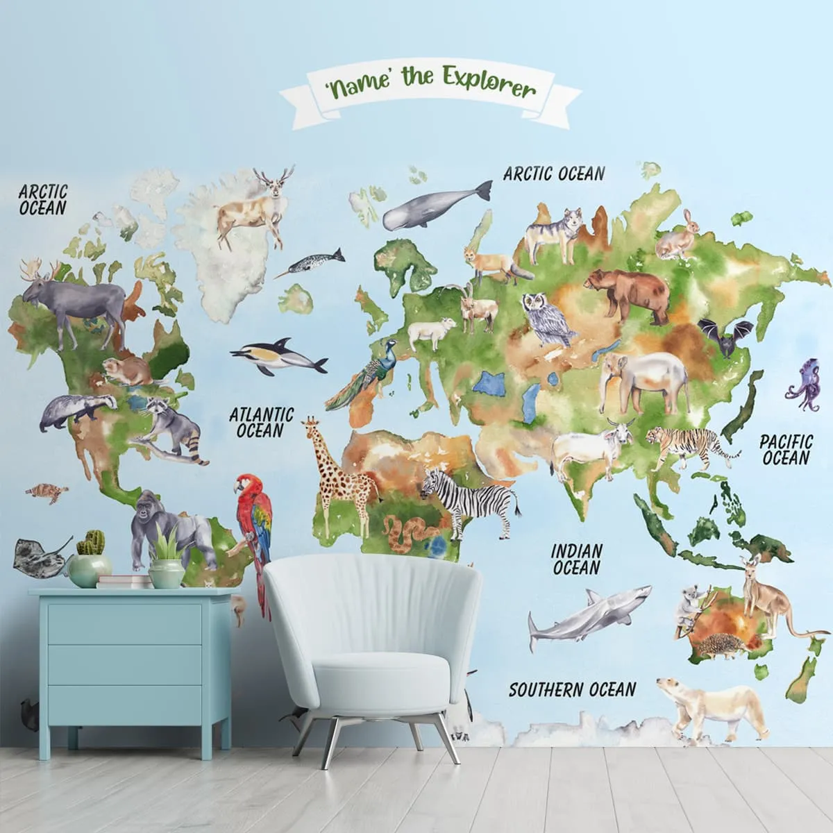 Personalised Colorful World Map Wallpaper for Kids Room Walls