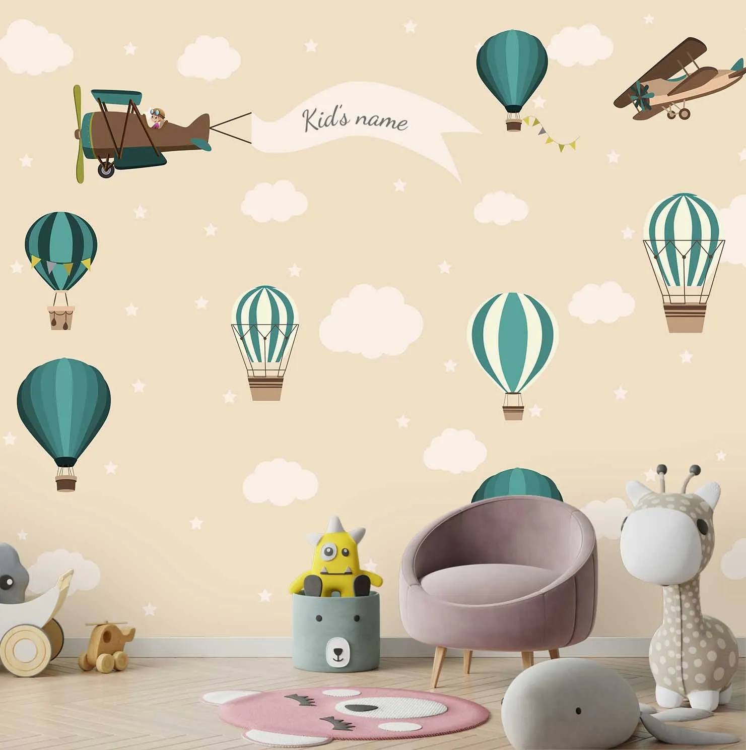 Personalised Gliders, Planes, and Hot Air Balloon Wallpaper for Kids Room, Customised