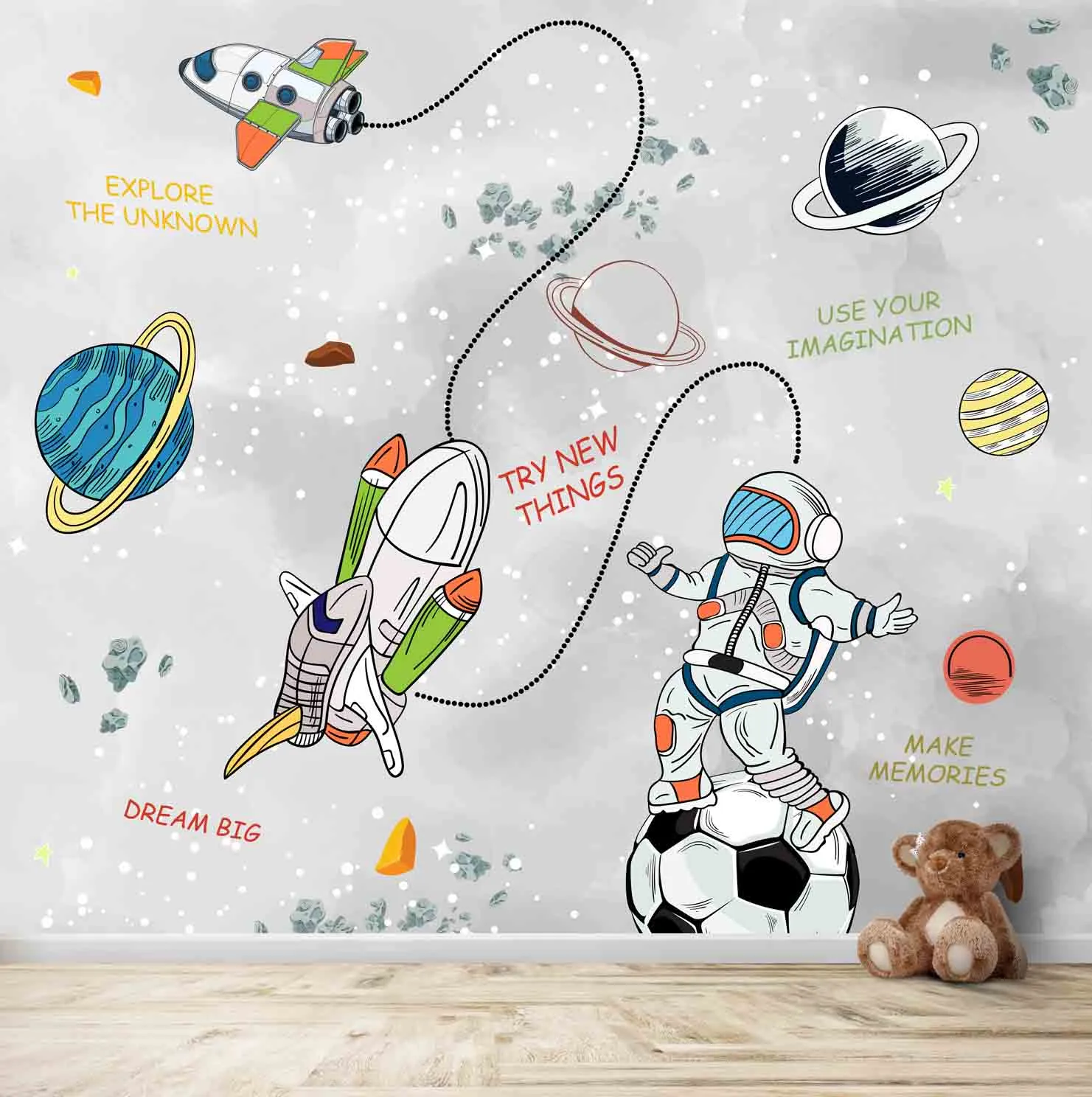 Personalised Space Kids Room Wallpaper, Colorful