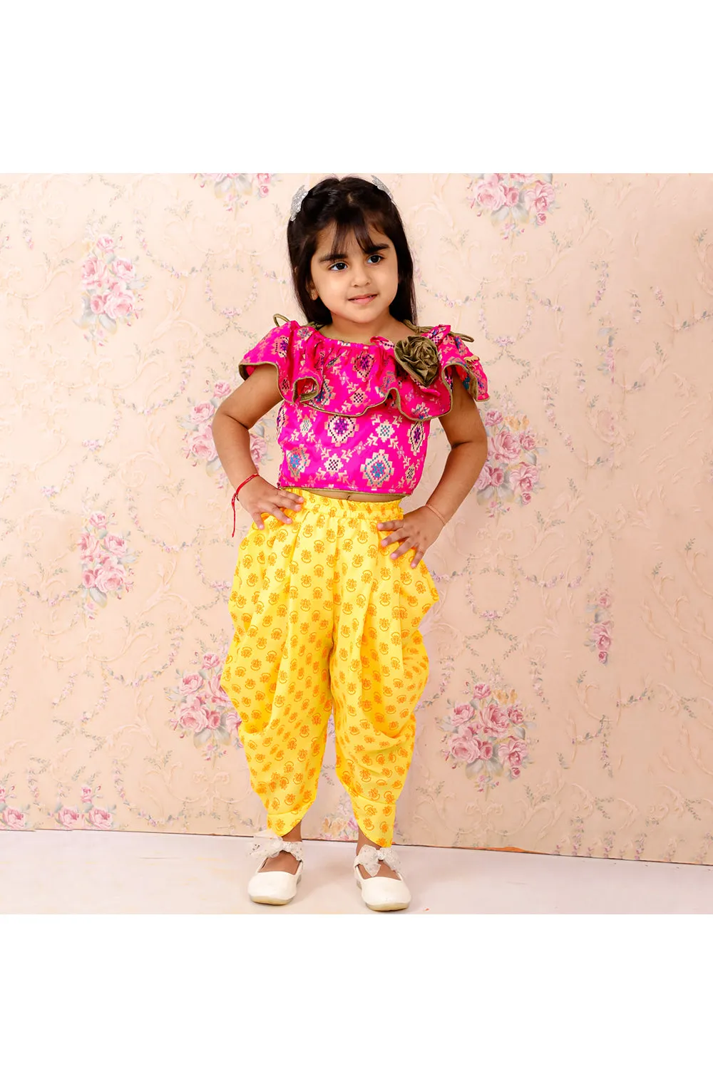 Pink brocade frill top with yellow printed dhoti