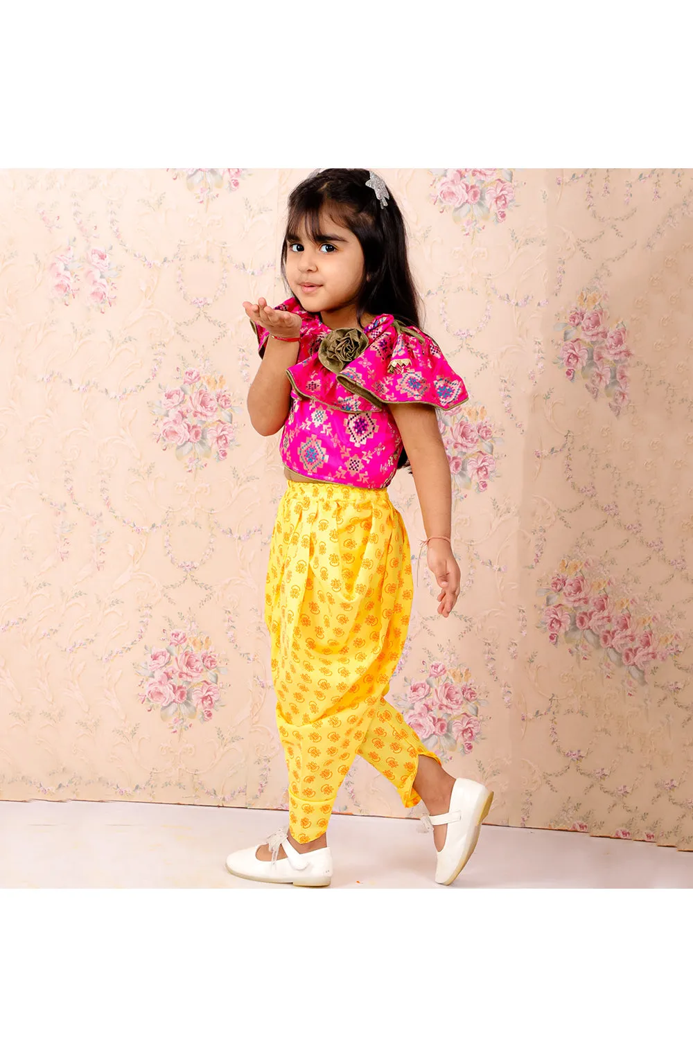 Pink brocade frill top with yellow printed dhoti