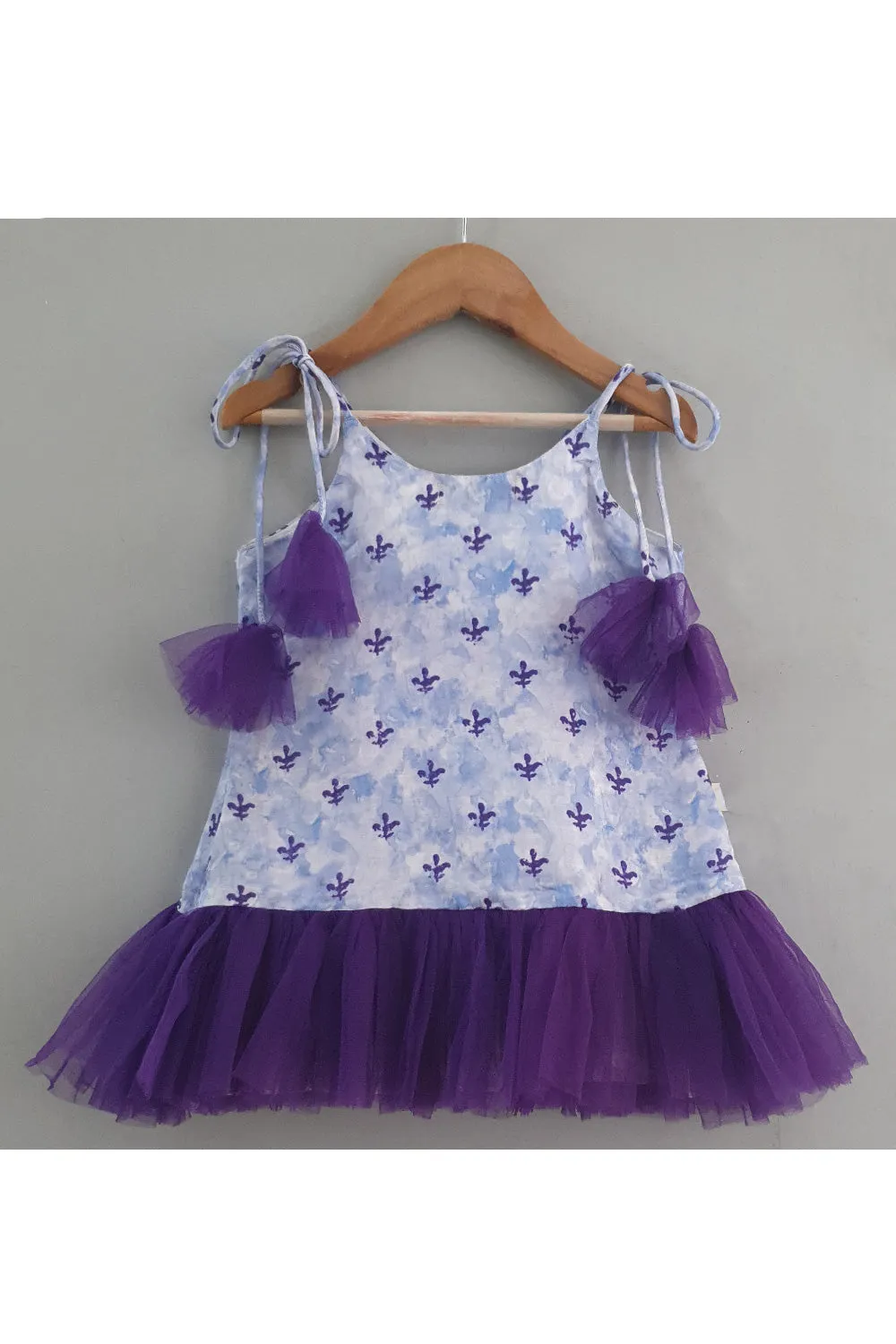 Purple Printed Linen Satin Frill Dress